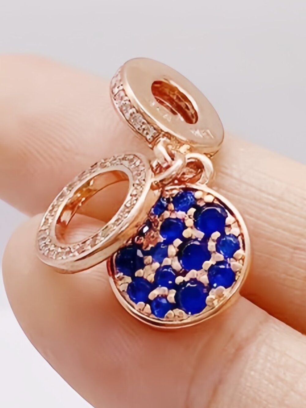 Pandora Sparkling Blue Disc Double Dangle Charm Rose Gold-Plated